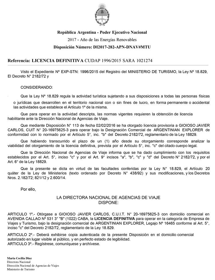 Licencia Definitiva de Argentinian Explorer