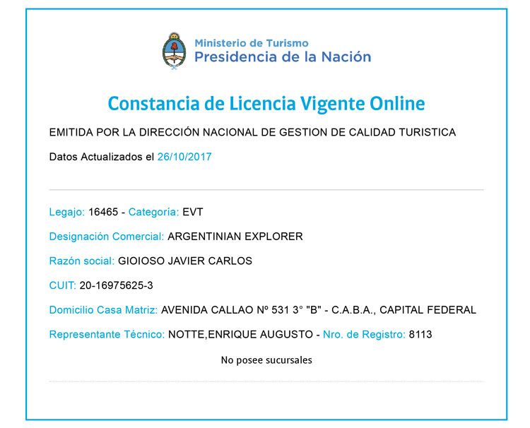 Matrícula de Argentinian Explorer
